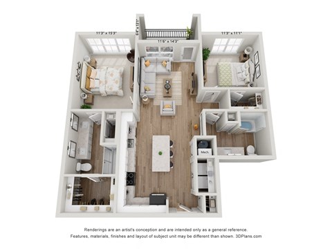 Floor plan for 2 beds, 2 baths, 1153 sqft